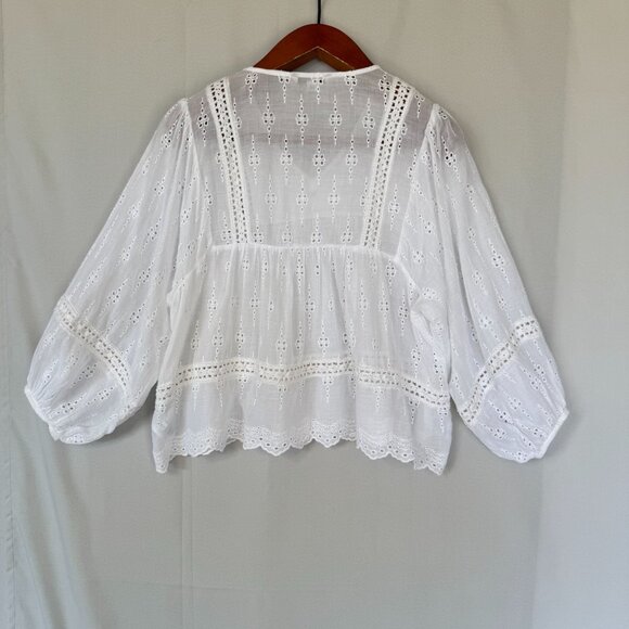 American Eagle White Embroidered Lace Ballon 3/4 Sleeve Peasant Babydoll Blouse - Picture 7 of 15